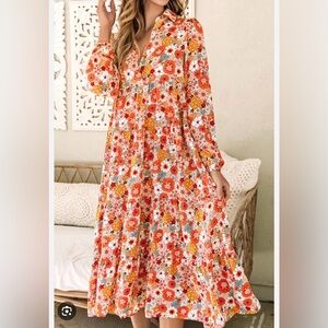 Floral Print Maxi Dress - Orange and Red